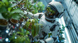 Astronaut in spacesuit examining futuristic plants inCang Nei Zhi Wu Cang