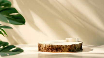Poster - Minimal modern product display on neutral beige background Wood slice podium and green leaves Concept scene stage showcase for new product promotion sale banner presentation cosmetic : Generative AI