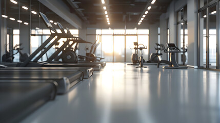 Aufkleber - Empty gym health club and floor for equipment training and health in open room for fitness workout or sport Modern interior space and background for sports exercise and healthy lifesty : Generative AI