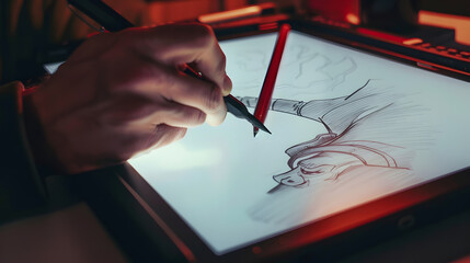 Poster - Graphic tablet of drawing on blank sheet with traditional drawing elements : Generative AI