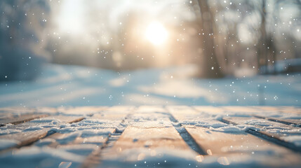 Aufkleber - blurred background of winter landscape  with sun light and free space for you and wooden desk space : Generative AI