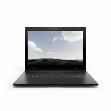 A Lenovo laptop sits dormant with a black screen against a stark white background