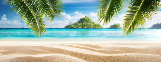 Wall Mural - A serene tropical beach with clear blue water, white sand, and palm fronds framing an island in the distance. The calm ocean meets the pristine sandy shore, creating a paradise-like vacation spot.