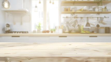 Poster - Empty beautiful wood table  top counter  and blur bokeh modern kitchen interior background in clean and bright Readywhite background for product montage : Generative AI