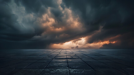 Aufkleber - Dark Floor Background with Dramatic Sky and Scenic Clouds Panoramic Horizon Scene : Generative AI