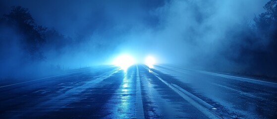 There is a blue dark background of an empty foggy street with wet asphalt, illuminated with laser beams, smoke, and a searchlight