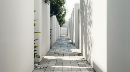 Poster - A vertical shot of a narrow pathway in the middle of white buildings : Generative AI