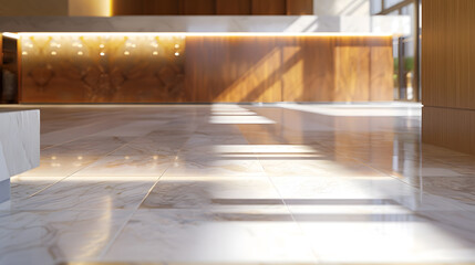 Leinwandbilder - Light wooden and marble tile floor interior of modern cafe with double ceiling height Lobby bar in luxury design hotel hall with second split level : Generative AI