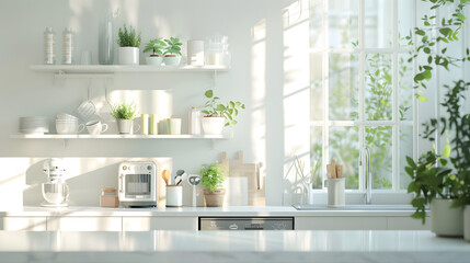 Wall Mural - Minimal light scandinavian kitchen interior White furniture with utensils shelves with crockery and plants in pots small refrigerator near window panorama empty space : Generative AI