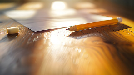 Aufkleber - Pencil eraser and papers on wooden table : Generative AI
