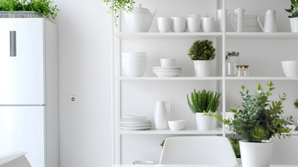 Aufkleber - Rent of modern housing sale of new apartment modern renovation White furniture with utensils shelves with crockery and plants in pots refrigerator in simple minimal dining room empty s : Generative AI