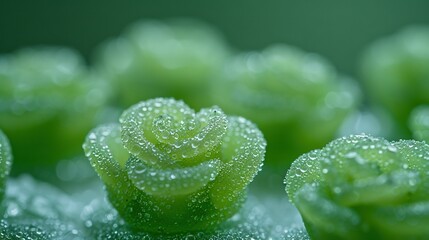 Wall Mural -  Close-up of a green plant with water droplets on its leaves and blurry background