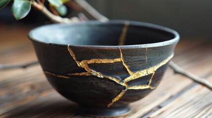 Wall Mural - A black bowl with gold trim and a crack in it