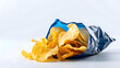 © Generative AI - Potato chips bag isolated on white background Inside of leftovers snack packaging : Generative AI