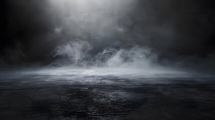 Poster - Abstract image of dark room concrete floor Black room or stage background for product placementPanoramic view of the abstract fog White cloudiness mist or smog moves on black backgroun : Generative AI