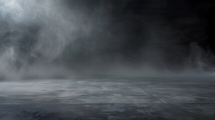 Poster - Abstract image of dark room concrete floor Black room or stage background for product placementPanoramic view of the abstract fog White cloudiness mist or smog moves on black backgroun : Generative AI