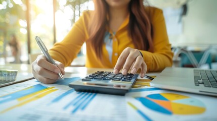 Poster - Business Financing Accounting Banking Concept, Businesswoman doing finances and calculating financial report with business graph growth chart, finance and investment, business analysis concept