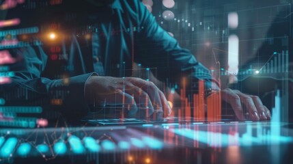 Poster - Businessman analyzes profitability of working companies with digital augmented reality graphics, positive indicators in 2023, businessman calculates financial data for long-term investments.