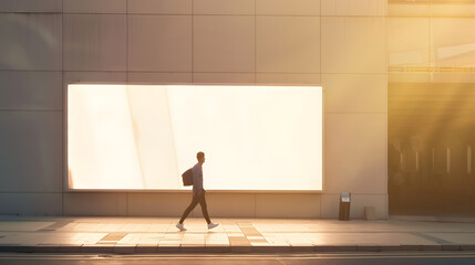 Aufkleber - Man walking by sunlit wall background with place for your advertising poster near empty shop window with space for your product presentation in modern building area outdoors mock up : Generative AI