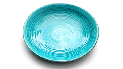 Aufkleber - Empty trendy handmade ceramic dish tablewares Round empty plate Pastel blue turquoise aqua texture vintage classic pattern isolate on white background top view cut out : Generative AI