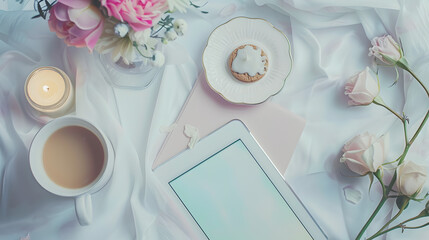 Poster - Morning cup of coffee on the shabby white desk with digital tablet with empty screen candle and fresh cookie Beautiful spring desktop with pastel accents Female desktop Top view with c : Generative AI