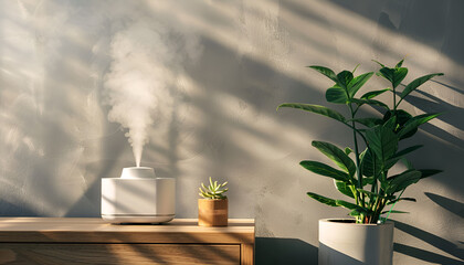 Air humidifier on chest of drawers near green houseplant against grey wall