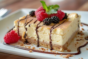 Wall Mural - Delectable slice of cheesecake topped with raspberries, blackberries, mint, and a rich chocolate sauce