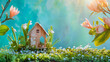 Real Estate Background, Miniature Wooden House in a Garden Setting, Ideal for Spring and Nature-Themed Designs