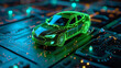 Futuristic Electric Car Model on Digital Circuit Board, Representing Modern Automotive Technology and Innovation