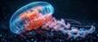 In the depths of the sea, a jellyfish is glowing neon. AI generation in the sea.