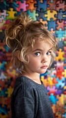 Wall Mural - A young girl with blonde hair and blue eyes is standing in front of a colorful jigsaw puzzle