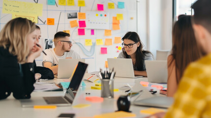 Wall Mural - Businesspeople discussing ideas and making plans at a table in a contemporary workplace.