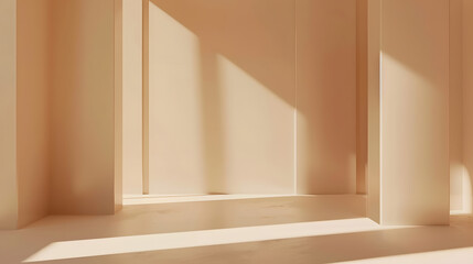 Poster - Empty Studio 3d exhibition background  pastel creamy beige stage with soft natural abstract diagonal window light and shadows Minimal architectural scene for product mock up Front view : Generative AI