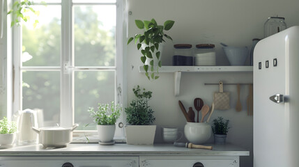 Aufkleber - Minimal light scandinavian kitchen interior White furniture with utensils shelves with crockery and plants in pots small refrigerator near window panorama empty space : Generative AI