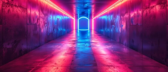 Wall Mural - There is an empty light tunnel, a high-tech corridor, rays of light moving, neon light. AI generation.