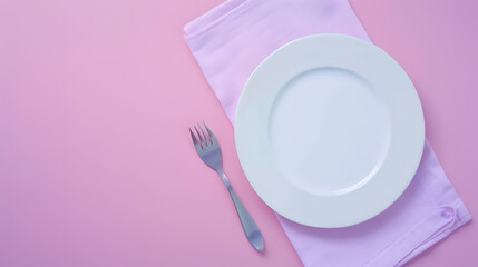 Aufkleber - Top view on colored background empty round white plate on tablecloth for food Empty dish on napkin with space for your design : Generative AI