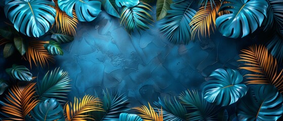 Wall Mural - A neon background with tropical leaves, set against a black background. Generation AI.