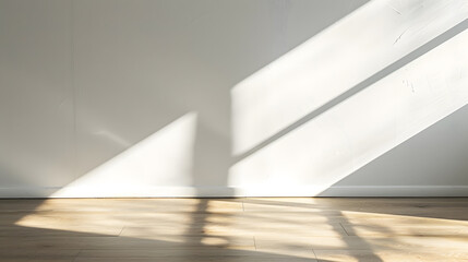 Aufkleber - Aesthetic geometric sunlight shadows on a white textured wall and beige wooden floor empty template for home room interior product background for branding design showcase copy space : Generative AI