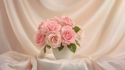 Wall Mural - Pink rose flower bouquet on white podium and silk fabric Light beige background Minimal empty display product presentation scene : Generative AI