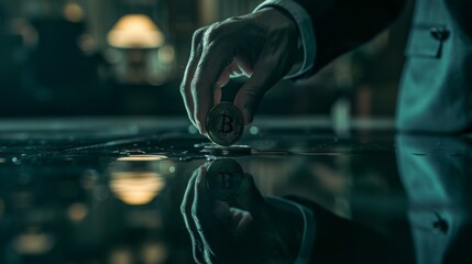 Poster - cryptocurrency business strategy ideas concept business man hand hold crypto coin symbol on reflection floor dark color tone