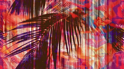 Wall Mural - a vibrant painting of a palm tree in front of an array of bright hues and patterns of blossoms and f