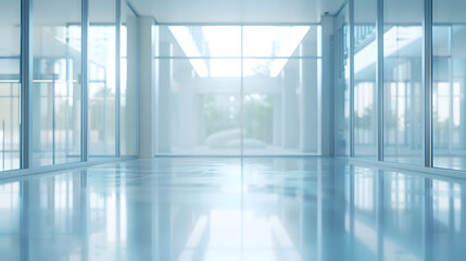 Poster - Blurred abstract background interior view looking out toward to empty office lobby and entrance doors and glass curtain wall with frame  blue white balance processing style : Generative AI