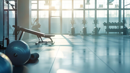 Aufkleber - Empty gym health club and floor for equipment training and health in open room for fitness workout or sport Modern interior space and background for sports exercise and healthy lifesty : Generative AI