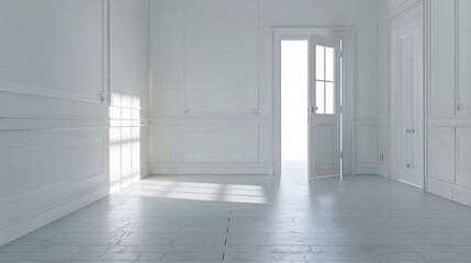 Aufkleber - Interior of spacious empty refurbished living room with whitewash walls laminated floor with white door : Generative AI