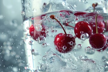 Poster - Vibrant red cherries with stems making a splash in a bubbly water backdrop