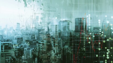 Poster - Economic crisis concept shown by declining graphs and digital indicators overlap modernistic city background. Double exposure.