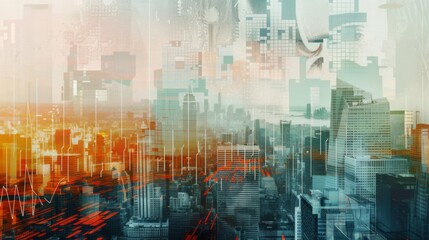 Poster - Economic crisis concept shown by declining graphs and digital indicators overlap modernistic city background. Double exposure.