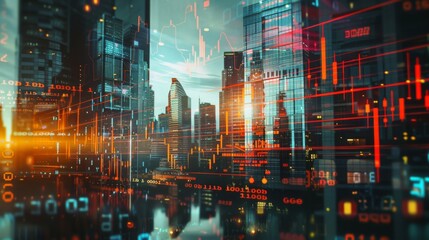 Poster - Economic crisis concept shown by declining graphs and digital indicators overlap modernistic city background. Double exposure.
