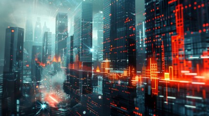 Poster - Economic crisis concept shown by declining graphs and digital indicators overlap modernistic city background. Double exposure.