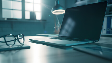 Fototapete - Laptop Computer notebook and eyeglasses sitting on a desk in a large open plan office space after working hours : Generative AI
